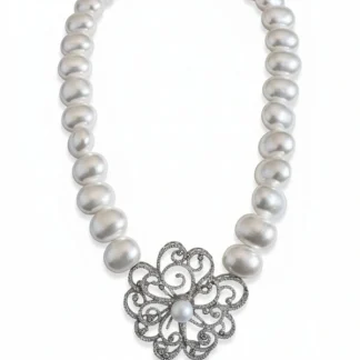 Colar Flor Pérola shell zircônia 48 cm Prata 925 Ródio