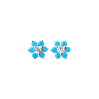 Brinco Flor Turquesa Leitosa fusion e zircônia Prata 925 Ródio
