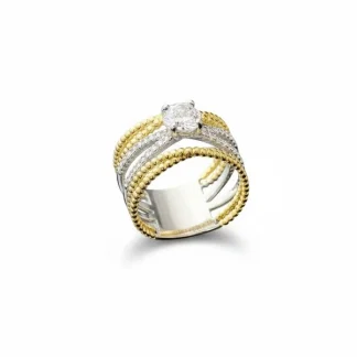Anel X com solitário zircônia Prata 925 Ródio e Ouro 18 k