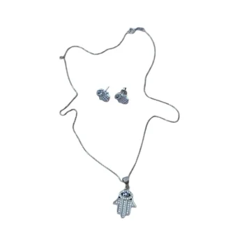 Conjunto Colar e Brinco Mão Hinsa zircônia Prata 925 Ródio