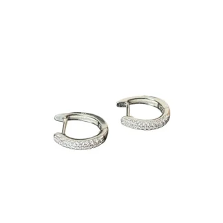 Brinco argola oval zircônia cravejado P Prata 925 Ródio