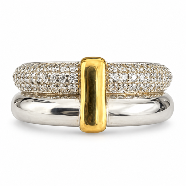 Anel Duplo Zircônia Filete Ouro Prata 925 Ródio