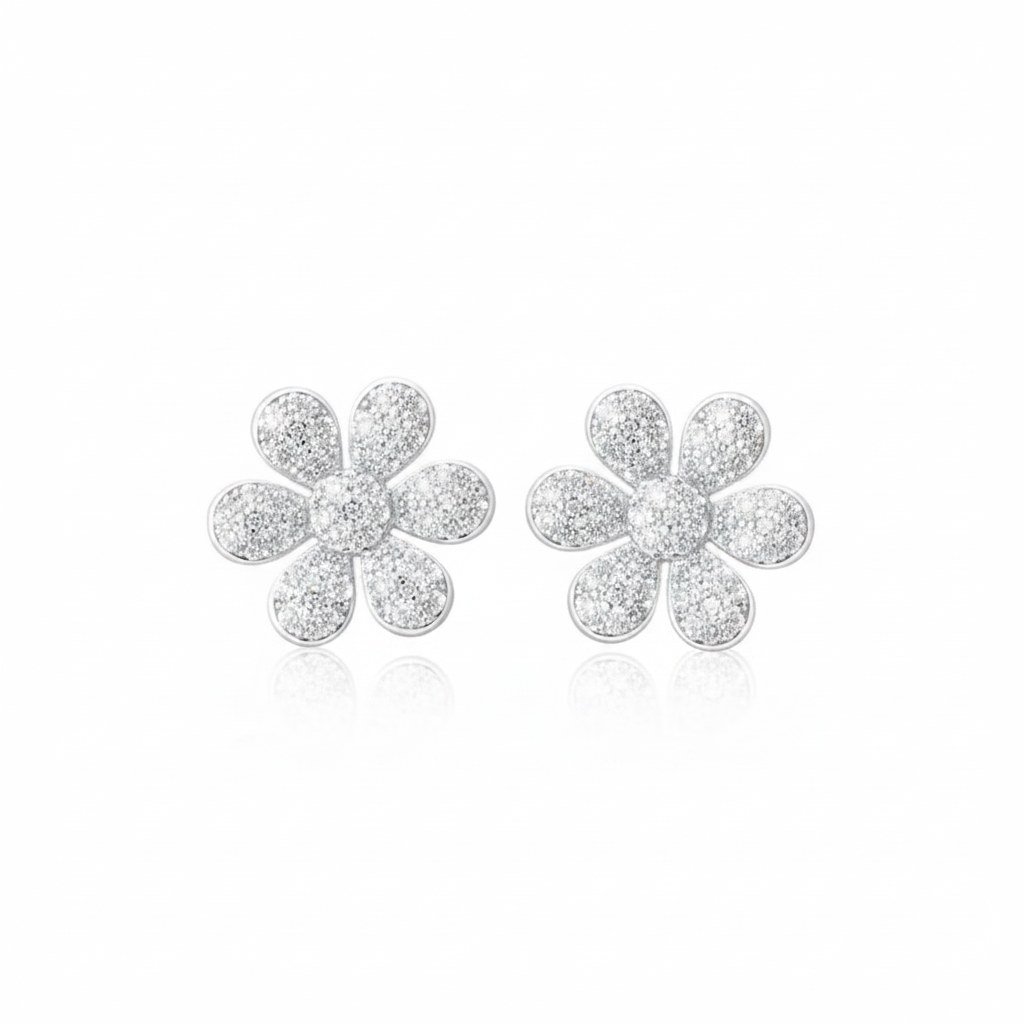 Brinco Flor zircônia micro cravação 6 pétalas Prata 925 Ródio, Bottega D'Oro