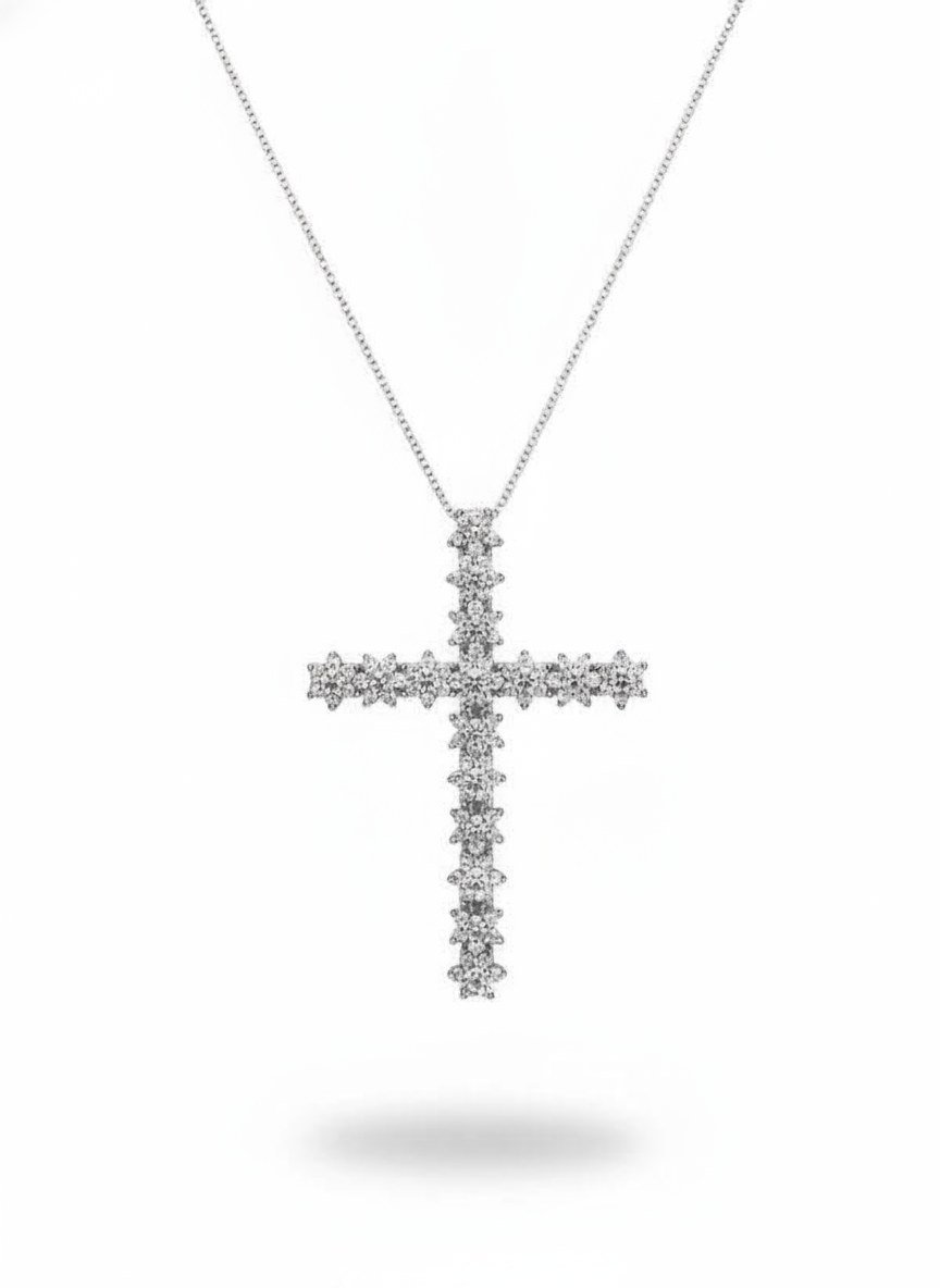 Colar Cruz flores zircônia 50 cm Prata 925 Ródio, Bottega D'Oro